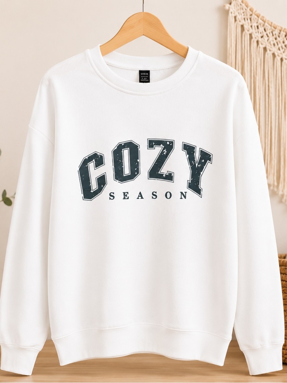 SHEIN White Crewneck Sweatshirt with Dark Green 'COZY SEASON' Graphic